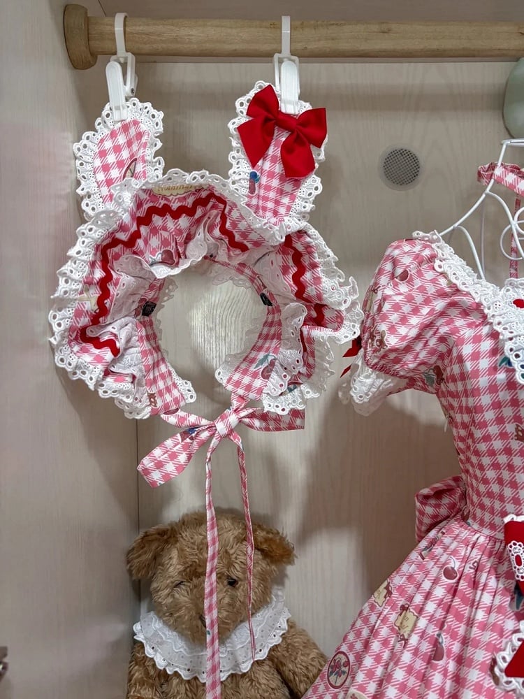 柄 ボンネット ギンガム ブラック グリーン ピンク 赤 耳 / うさぎ