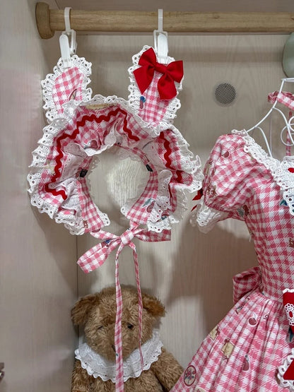 柄 ボンネット ギンガム ブラック グリーン ピンク 赤 耳 / うさぎ