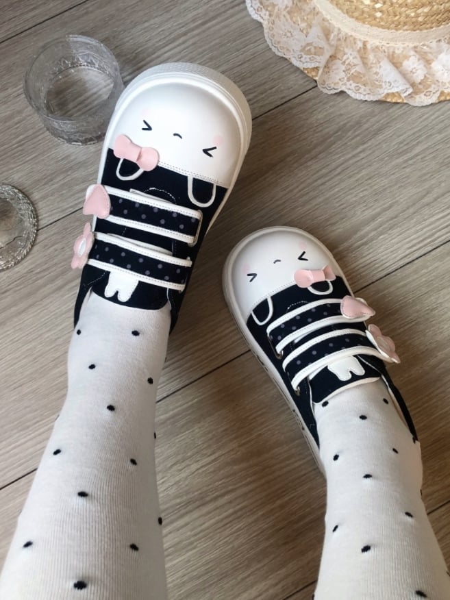 Dot Bunny Polka with Otaku Sneakers - Platform Theme Canvas Black Velcro
