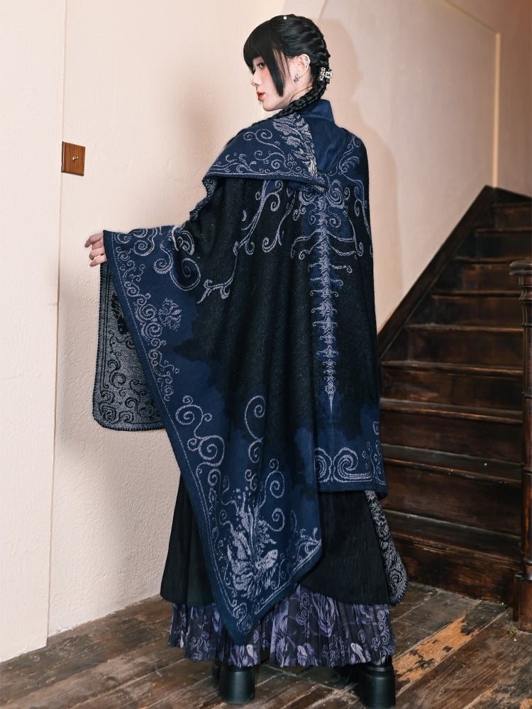 Navy Blue Koi Fish Print Gothic Shawl - Japanese Style Wrap | LilyVow
