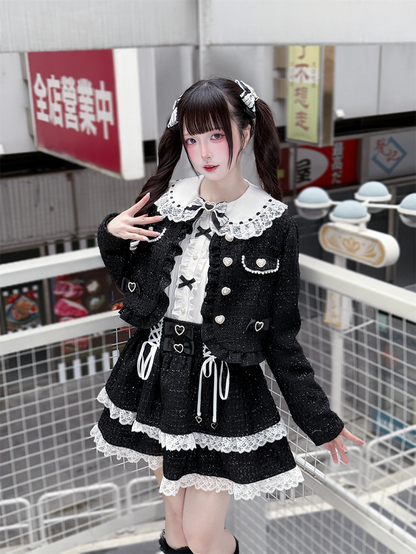 White Kei Skirt Lace-Up Black with Tweed Jirai Trim Lace Detail Tiered