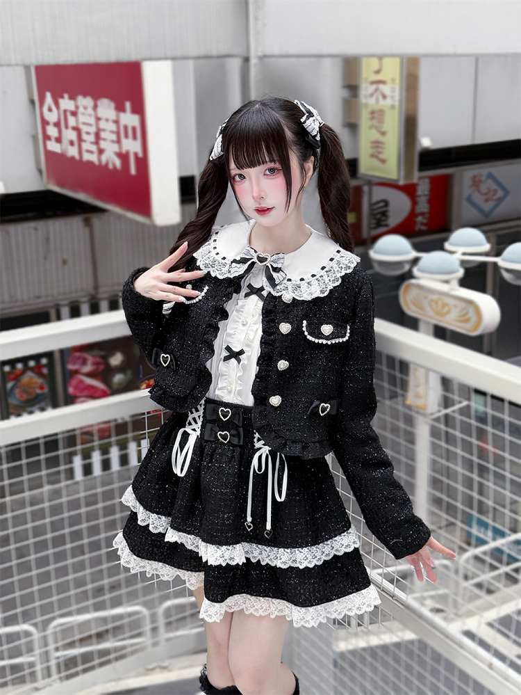 Long Cut-Out Jirai Sleeve Kei Lace Shoulder White | Black Blouse Bowknots