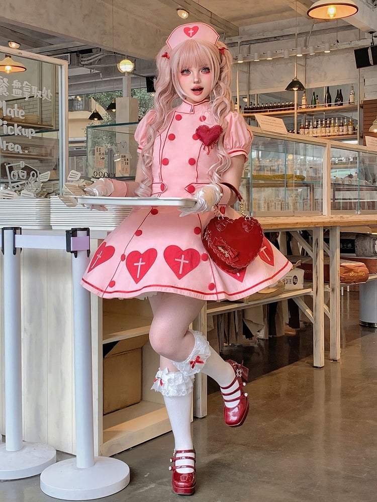Sleeves Puff Dress Cross Nurse Heart Patches Lolita Pink