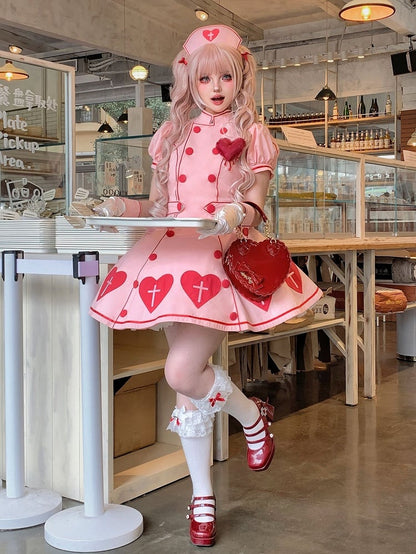 Ärmel Puffkleid Kreuz Krankenschwester Herz Patches Lolita Pink