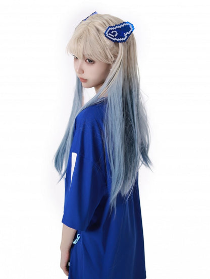 ピクセルキャラクタープリントチェーンデザイン ジライケイTシャツ ブルー ホワイト ブレスレット リングフィンガー付き