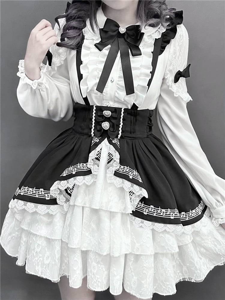 Jirai Kei Schwarz-Weißes Overallkleid mit Stufenrock und hoher Taille im Landmine-Stil