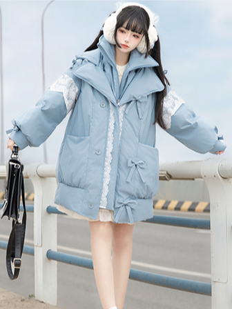 Accents Padded Bow Jacket with Blue Hooded Lace-Trimmed