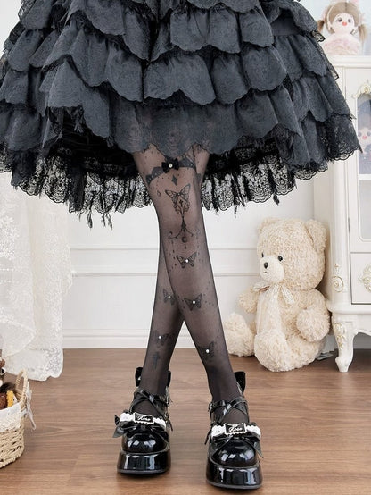Butterfly & Cross Printed Sheer Lolita Tights, Black or White - Milkcat Studio
