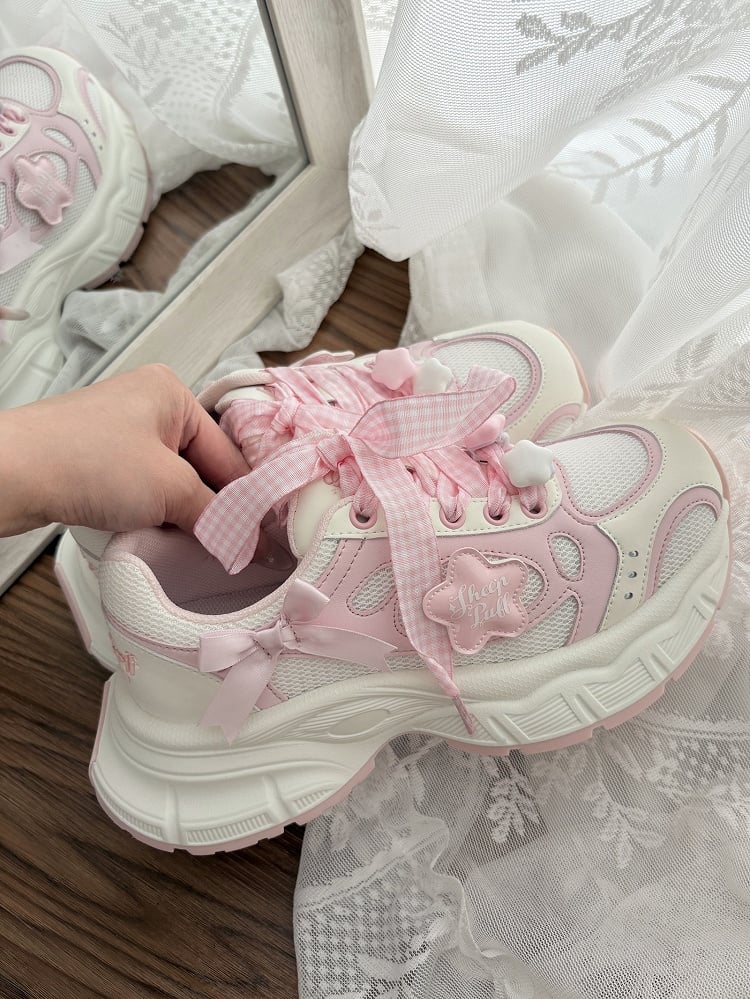 Design - Pink Lolita Platform Sneakers Lace-Up Star with Sweet Accents White Bow Plaid