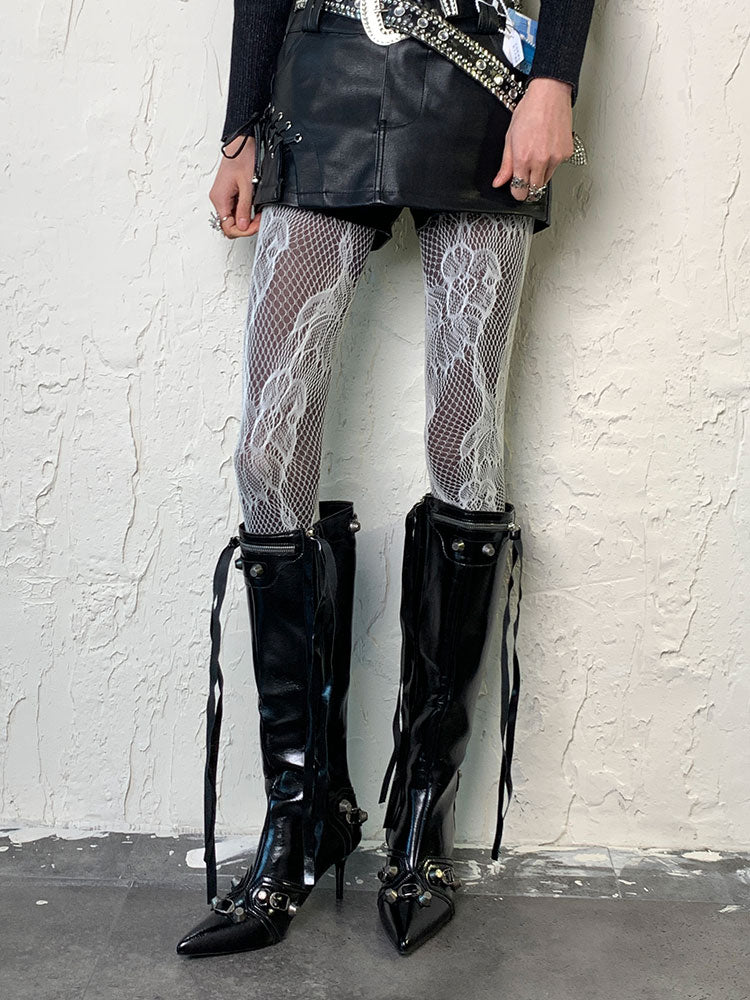 ホワイト Y2K フラワーカットアウトデザインタイツ