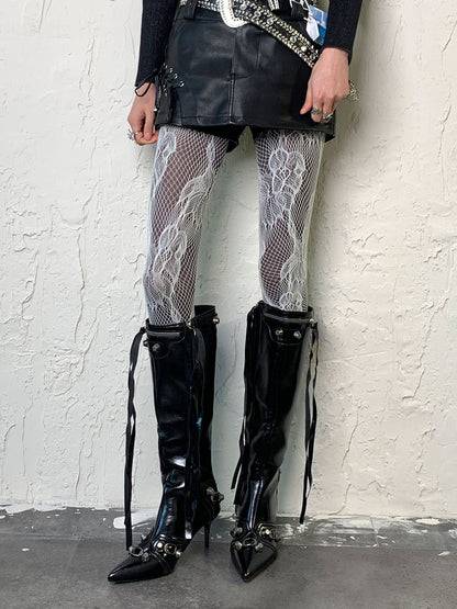 ホワイト Y2K フラワーカットアウトデザインタイツ