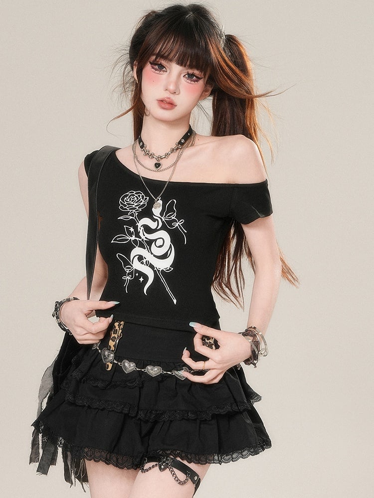 Weiß/Schwarzes T-Shirt Glamouröser asymmetrischer Print Rosette Bittersüßer Ausschnitt