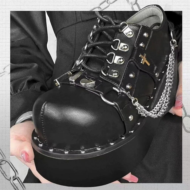 Platform Gothic Punk Matte Black Shoes with Studded Accents & Detachable Chain