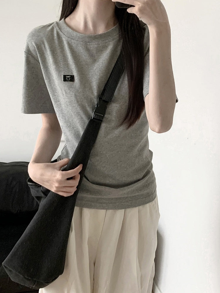 グレー/ホワイト ラウンドネック Tシャツ