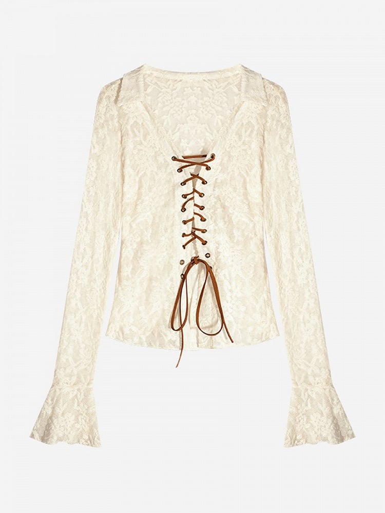 Embroidery  Bell Sleeves Beige Flocked Mesh Floral Lace-up Blouse with
