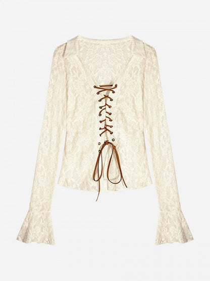 Embroidery  Bell Sleeves Beige Flocked Mesh Floral Lace-up Blouse with
