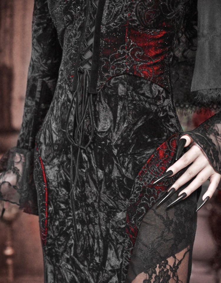Flügel Romantischer Samt und geformter Spitzenausschnitt Fledermaus Vampirkleid Goth Meerjungfrau