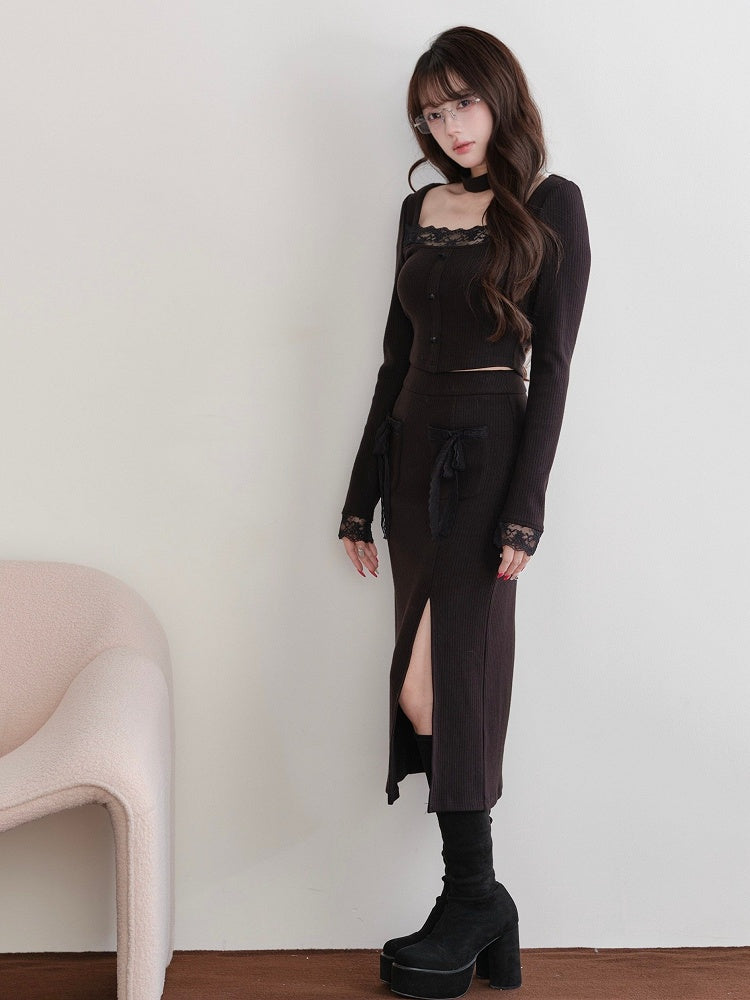 Slit - Lace Jirai Accent Bow Set Square Skirt Black Two-Piece Neck Choker Top Kei Design +