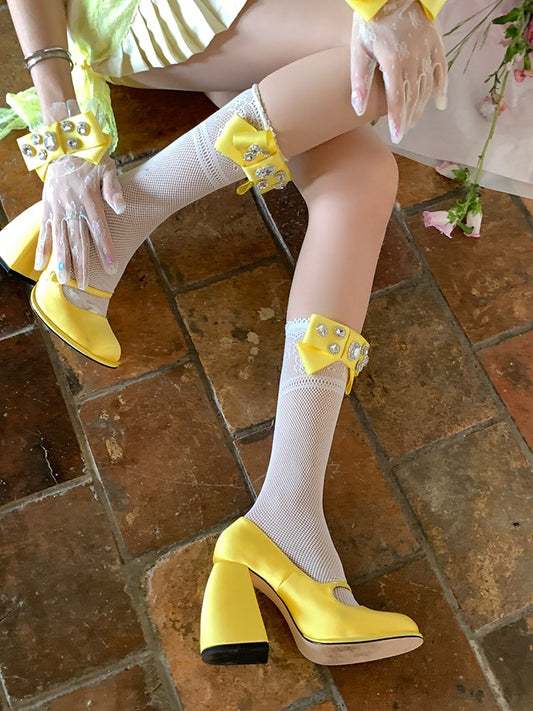 Bowknot Colors Lace 4 Calf Mesh Rhinestone Decoration Socks with