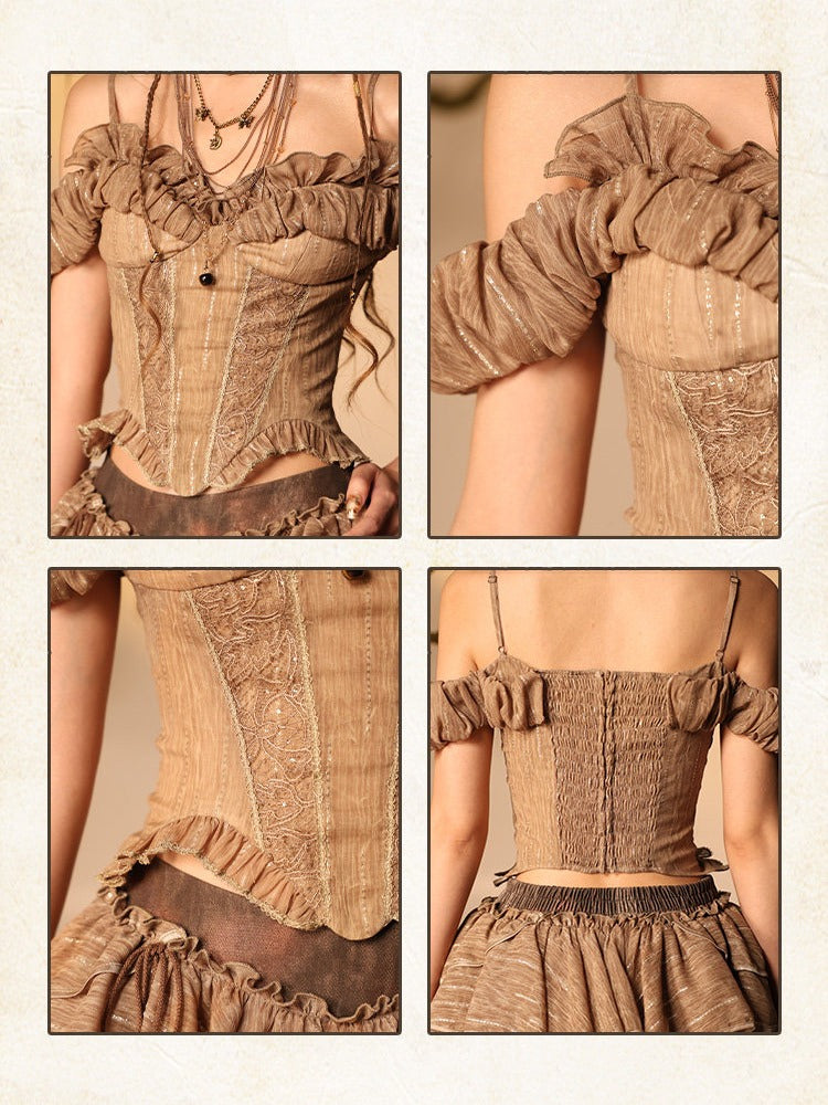 Brown Off-Shoulder Puff Sleeve Blouse with Ruffled Lace - Virtual Orbit