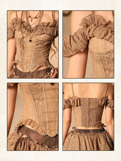 Brown Off-Shoulder Puff Sleeve Blouse with Ruffled Lace - Virtual Orbit