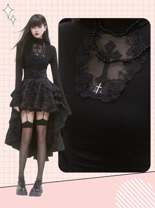 Gothic Black High Neck Cross Applique Cutout Detail Top