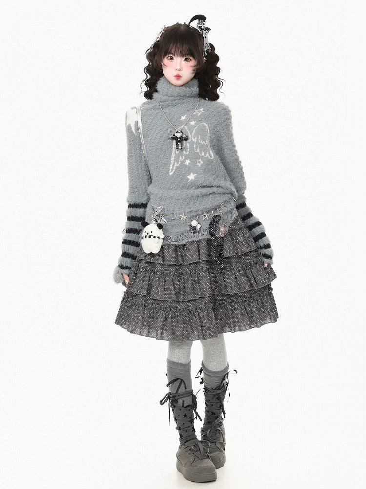 Cool Season Kawaii Gray Asymmetric Faux Mohair Star Wing Sweater - Languid Park