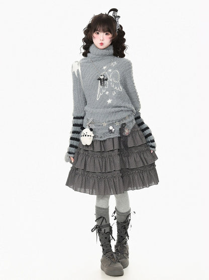 Cool Season Kawaii Gray Asymmetric Faux Mohair Star Wing Sweater - Languid Park