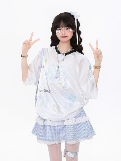 Blue/Pink Oversized Satin Short Sleeve T-Shirt with Clover