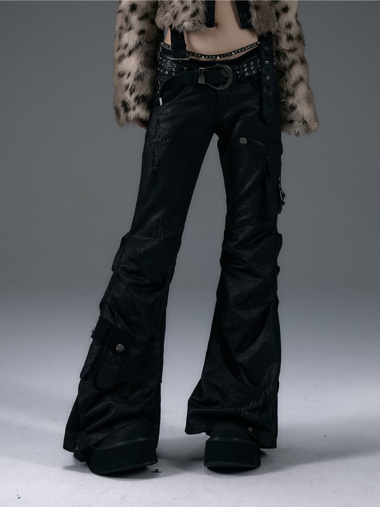 Black Low-Waist Slim-Fit Flared Cargo Pants