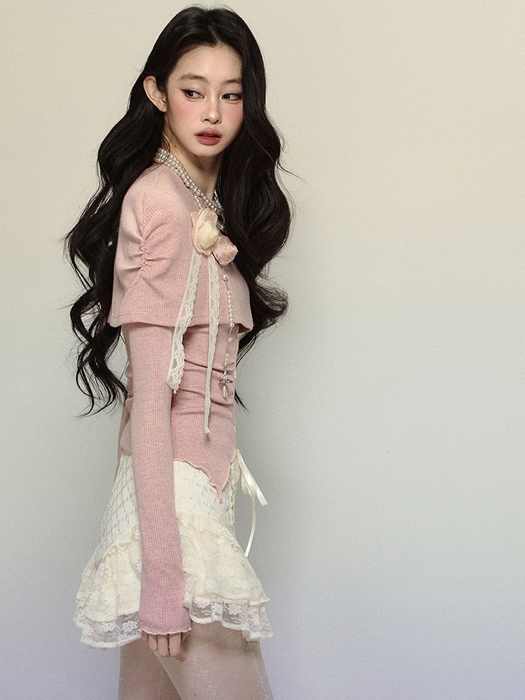 Pink Floral Asymmetrical Neckline Knit Long-Sleeve Top
