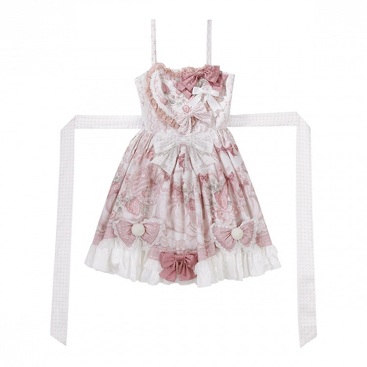 Bow Lolita Strawberry Sweet with Pink Print Jumper Skirt Accents and Kitty