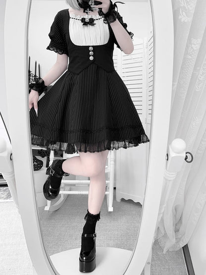 Dress Black Full Striped Waist Jirai Kei Set Corset Belt Design at with