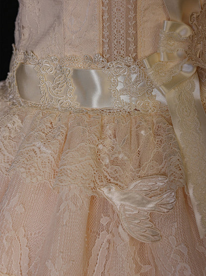 Retro Beige Lolita Lace Gown with Satin Ribbon Accents - Twin Bear Original Design