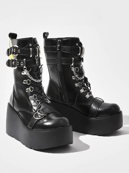 Chain - in Heart Platform System Multi-Closure Charm with Details Boots Style Punk Black