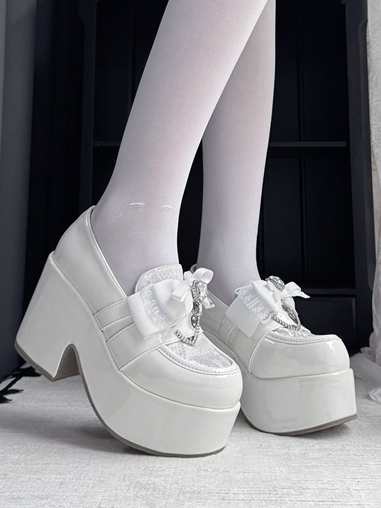 with Kei Toe Jirai Slip-Ons: White Block Platform 9.5cm Round Heel