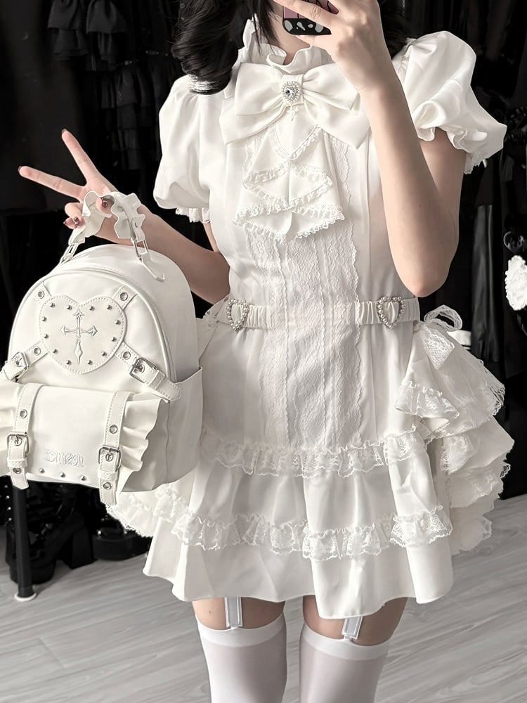 Bow and White Kei Flowing Dress Side Sleeves Tie Train，Shorts Set: with Puffy Gothic Jirai