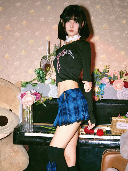 Punk Navy Blue Plaid Studs Detail Lace Trim Y2K Mini Pleated Skirt