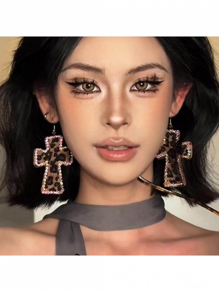 3-Color Y2K Leopard Print Cross Earrings with Rhinestone