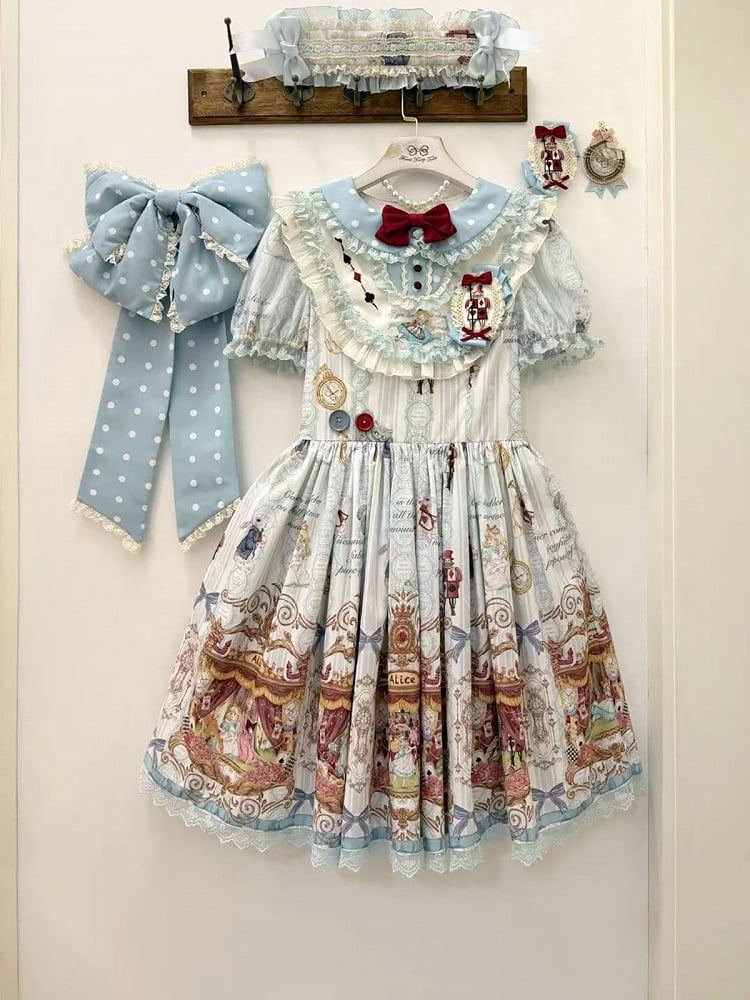 Azure Alice in Wonderland Theme Print Polka-dot Collar Sweet Gown - Forest Fairy Tales
