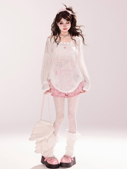 Print Blue/White Coverup Lace-up Neckline Star Semi-sheer