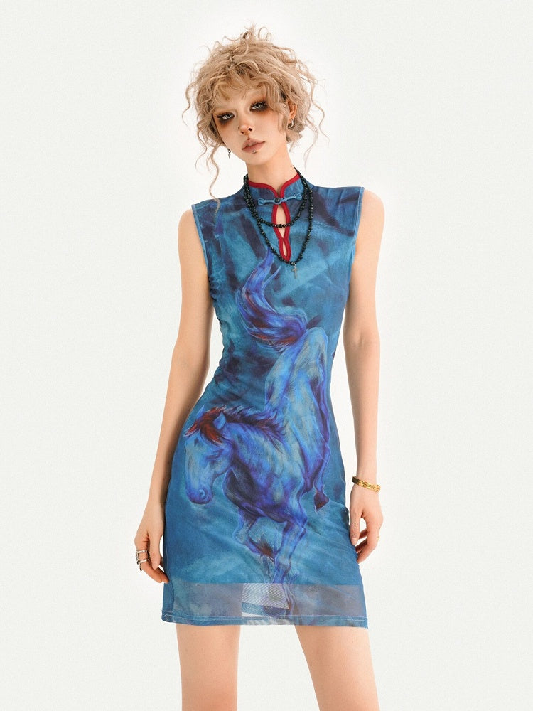 Sleeveless Blue Cheongsam Short Dress with Horse Motif