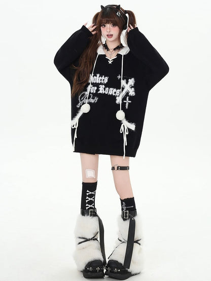 Black Letters Pattern Hooded V-neck Loose Sweater