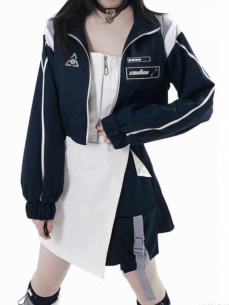 with Loading Bar Embroidery  Partial Front Zipper Blue  White Colorblock Techwear Dress