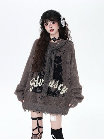 Vintage Lettered Plush Sweater with Distress Trim and Detachable Hood Red/Dark Brown