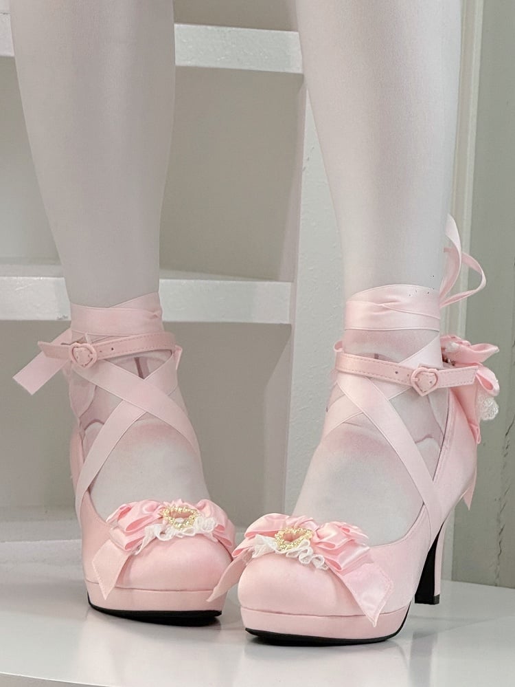 Pink Heart-shaped Details for High Heels Decorative Snap - Elegant Lolita Satin Bow