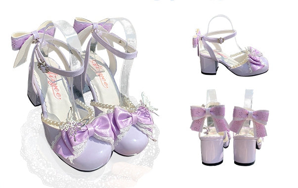 Mary Lolita Heels 6CM Accent Janes and Bow Chain Block Purple Bead Sweet Detachable