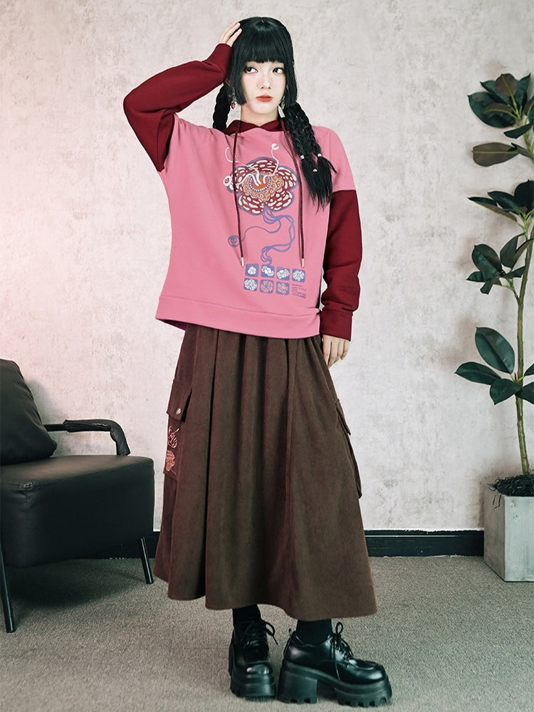 Chinese Pockets Cargo Skirt - Leaf Brown Motif with Embroidery Style