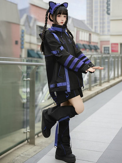 Schwarz-lila futuristische Techwear-Shorts im Landmine-Stil mit geradem Bein und ausgestellten Beinwärmern