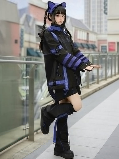 Black and Purple Techwear Buckle Straps Cat Ears Hooded Baggy Windbreaker Jacket